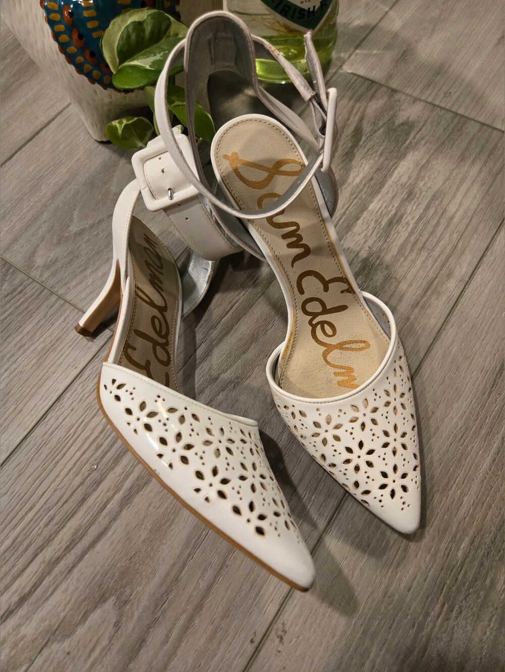 Sam Edelman White Perforated Pointed-Toe Ankle-Strap Heels with Buckle